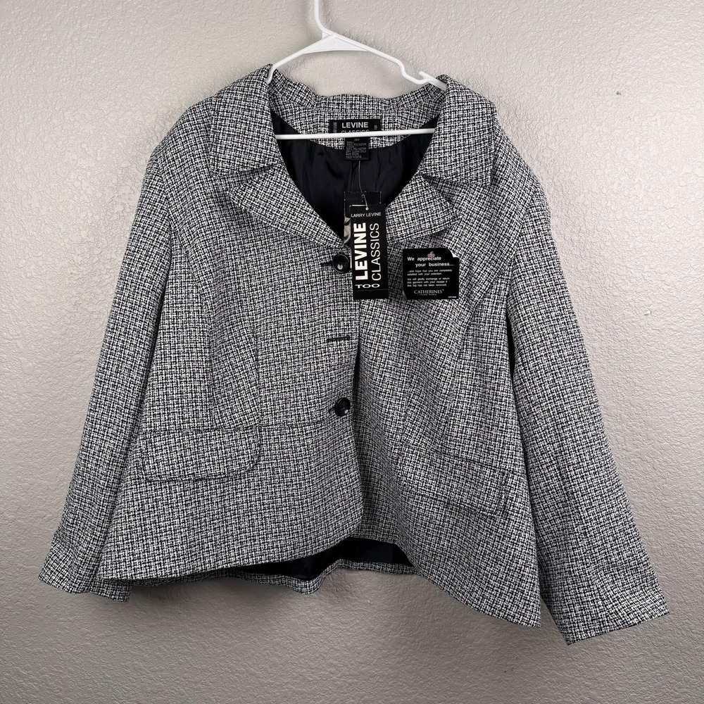 Larry Levine Blazer Jacket Womens 28W Black White Tweed Lined Two Button Plus